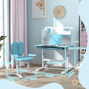 Set Birou și Scaun pentru Copii 3-12 Ani, Reglabil pe Înălțime cu Blat Înclinabil 0-45° 80×55×107,5 cm, Albastru - Img 3