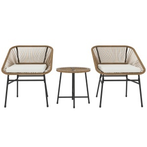 Set Bistro din 3 Piese cu Măsuță de Cafea cu Blat de Sticlă și 2 Scaune, Φ45x46 cm, Natural - Img 1