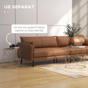 Set de 2 Masute pentru Salon care se pot Stivui Art Deco, Masute de Cafea din Metal cu Blat din Sticla Securizata, Auriu - Img 5