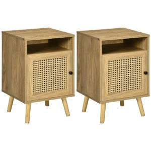 Set de 2 noptiere moderne pentru dormitor si living cu dulap si raft deschis, din PAL, ratan si MDF, 39x35x60 cm