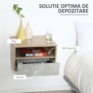 Set de 2 Noptiere Suspendate cu Sertar si Etajera 45x35x27.5cm - Gri/Culoare Lemn - Img 5
