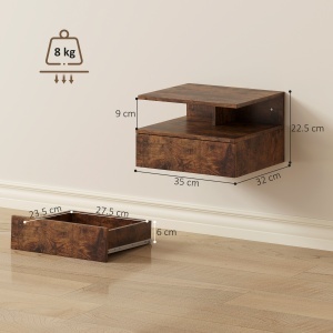 Set de 2 Noptiere Suspendate cu Sertar și Raft Deschis, 35x32x22.5 cm, Maro Rustic - Img 3