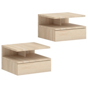 Set de 2 Noptiere Suspendate pe Perete cu Sertar, Stejar