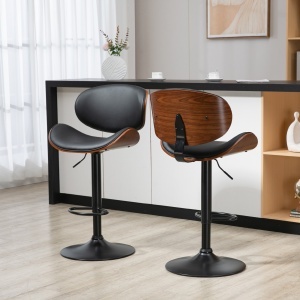 Set de 2 Scaune de Bar cu Spătar Reglabil pe Înălțime, Lemn și Piele Ecologică, 53x52x92-112 cm, Negru - Img 9