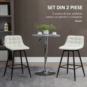 Set de 2 scaune de bar cu spatar si suport pentru picioare, scaune inalte tapitate in stil nordic din metal si catifea, alb-crem, 45x47x84 cm - Img 4