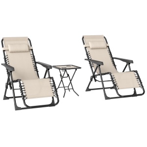 Set de 2 Șezlonguri de Grădină cu Gravitație Zero și Măsuță cu Suport pentru Pahare, 47x47x54 cm, Bej