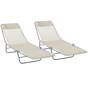 Set de 2 Sezlonguri pentru Plaja Pliabile cu Spatar Rabatabil pe 5 Niveluri, Sezlong de Gradina din Otel si Tesatura Plasa, Bej