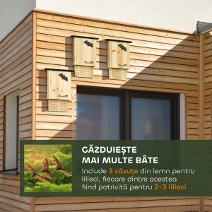 Set de 3 Adăposturi pentru Liliac din Lemn de Brad pentru Exterior, 25x6x37.5 cm, Lemn Natural - Img 4