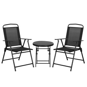 Set de Exterior din 3 Piese cu Masă cu Blat din Sticlă și 2 Scaune Pliabile din Plasă, Ф45x50 cm, Gri Deschis - Img 1