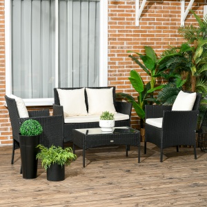 Set de Gradina 4 Piese din Ratan cu 2 Scaune, Fotoliu de Gradina cu 2 Locuri si Masuta Joasa de Cafea, Negru si Crem - Img 2
