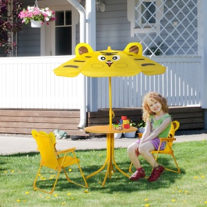 Set de Grădină 4 Piese pentru Copii cu Model Tigru și Măsuță Rotundă, 2 Scaune Pliabile și o Umbrelă Reglabilă, Măsuță cu Scaune pentru Copii 3-6 Ani de Exterior, Galben - Img 2