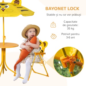 Set de Grădină 4 Piese pentru Copii cu Model Tigru și Măsuță Rotundă, 2 Scaune Pliabile și o Umbrelă Reglabilă, Măsuță cu Scaune pentru Copii 3-6 Ani de Exterior, Galben - Img 7