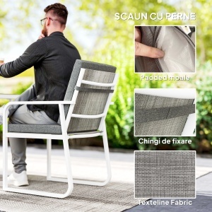 Set de Gradina cu Masa si Scaune cu Perne Detasabile, Blat din Sticla si Cadru din Otel, 108x60x72 cm, Alb - Img 5