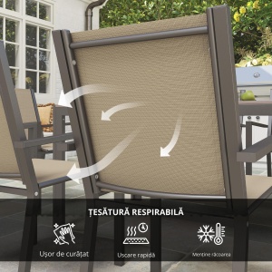 Set de Grădină din 7 Piese cu Masă din Plastic-Lemn și 6 Fotolii Stivuibile cu Șezut și Spătar, 150x90x73 cm, Maro - Img 4