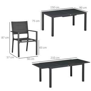 Set de Gradina din Aluminiu 7 Piese cu Masa Dreptunghiulara Extensibila si 6 Scaune de Exterior cu Sezuta din Plasa Respirabila, Gri - Img 3