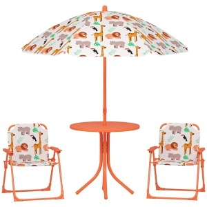 Set de Grădină pentru Copii, Masă și Scaune cu Umbrelă, Masă de Picnic pentru Exterior cu 2 Scaune Pliabile pentru Copii de 2-5 Ani, Portocaliu