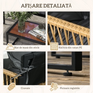 Set de Mobilier de Gradina din 4 Piese PE Rattan cu Canapea Dubla, Fotoliu si Masuta de Cafea din Sticla, 106x70x72 cm - Img 6