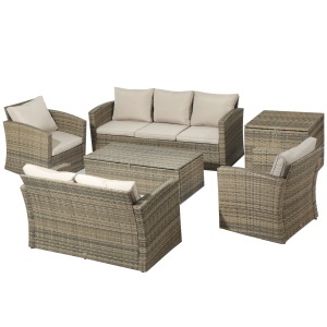 Set de mobilier de gradina din ratan de 6 piese, canapea si 2 fotolii tapitate pentru 7 persoane, bej - Img 1