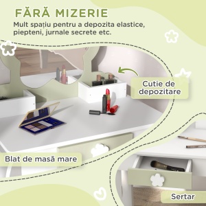 Set de toaletă pentru copii cu oglindă de machiaj și scaunel asortat din lemn, sertar și recipiente, alb - Img 5