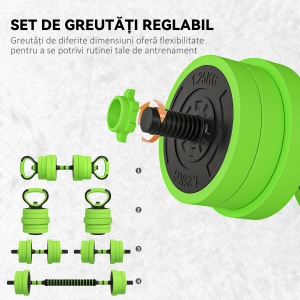 Set Greutăți Sala de Sport 4 în 1 de 20kg, Convertibil în Kettlebell, 2 Gantere, Bară de Haltere și Suport pentru Flotări, Verde - Img 5