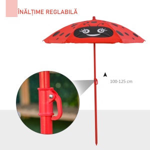 Set masă de grădină cu 2 scaune pliabile, masă și scaune pentru copii în aer liber cu umbrelă din metal și poliester, roșu - Img 6