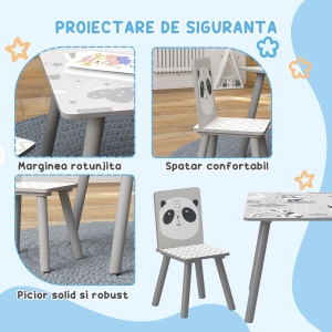Set Masă și 2 Scaune pentru Copii de 3-8 Ani cu Desene de Animale, 60x60x44 cm, Gri - Img 5