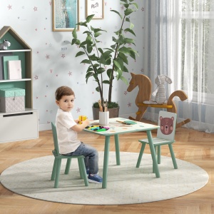 Set masa si scaun 3 piese pentru copii MDF lemn de pin desene animale verde distractie copii indemanare confortabil pentru copii model cu desene - Img 2