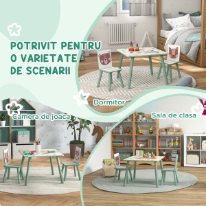 Set masa si scaun 3 piese pentru copii MDF lemn de pin desene animale verde distractie copii indemanare confortabil pentru copii model cu desene - Img 6