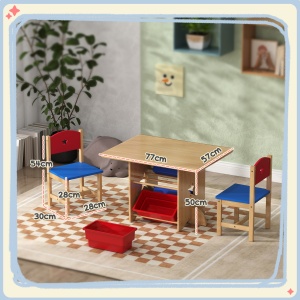 Set Masă și Scaune pentru Copii 3-7 Ani, cu 2 Scaune și 4 Compartimente de Depozitare, 77x57x50 cm, Lemn Natural - Img 3