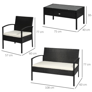 Set Mobila in PE Rattan de Extern cu Masa, 2 Fotolii si Canapea cu Perne, Negru - Img 3