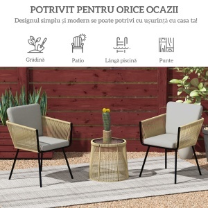Set mobilier de Grădină cu 2 Scaune și Măsuță de Cafea cu Blat din Sticlă, Ø49x47 cm, Maro - Img 7