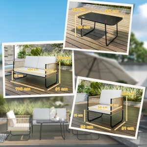 Set Mobilier de Grădină din 4 Piese cu Canapea, 2 Fotolii și Măsuță, 110x61x63 cm, Alb Crem - Img 3