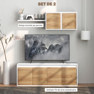Set Mobilier TV și Dulap Suspendat cu 7 Rafturi și Raft Deschis, Mobilier pentru TV din PAL, 120x41x43,3 cm, Alb - Img 4