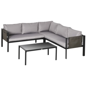 Set pentru gradina 4 bucati cu 2 canapele 2 locuri, fotoliu de colt si masuta de cafea din geam securizat, gri si negru - Img 1