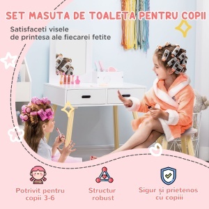 Set Toaletă pentru Copii din Lemn, Masă de Machiaj cu Oglindă, 2 Sertare și Scăunel, 60x40x95 cm, Alb - Img 4