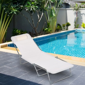 Șezlong Pliabil cu Spătar Reglabil pe 5 Niveluri și Pernă, Scaun de Grădină cu Șezut Respirabil din Texteline, pentru Plajă, Piscină, Grădină, 182x56x28 cm, Crem - Img 2