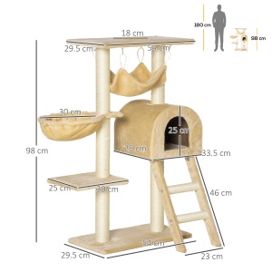 Stalp de zgariat pentru Pisici cu mai multe niveluri cu Hamac si Casuta, Franghii din Sisal Natural, 55 × 30 × 100 cm - Img 3
