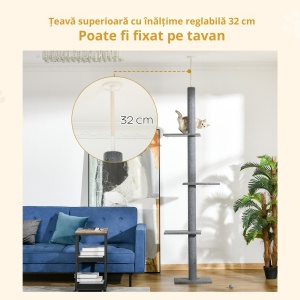 Stâlp de Zgâriat pentru Pisici pe 4 Niveluri și Fixare pe Tavan Reglabil, 43x27x228-260 cm, Gri - Img 5