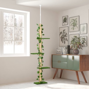 Stâlp Înalt pentru Pisici cu Tijă de Tensionare din Iută cu Frunze, 37x21x202-242 cm, Verde - Img 2