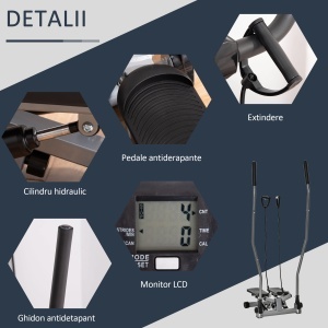 Stepper Fitness cu Maner, Bante Elastice, LCD, Oțel/ABS, Argintiu-Negru - Img 6