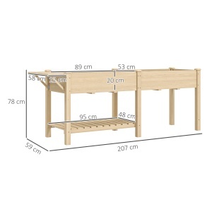 Strat Înălțat de Grădină cu Masă Laterală, Raft Inferior și Orificii de Drenaj, 207x59x78 cm, Lemn Natural - Img 3