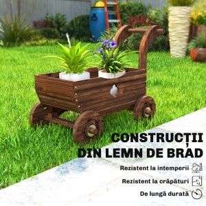 Strat Înălțat pentru Grădină în Formă de Cărucior cu 4 Roți și Mâner, Ghiveci din Lemn de Molid cu Găuri de Drenaj, pentru Balcon, Terasă, 68x38x52 cm, Finisaj Carbonizat - Img 7