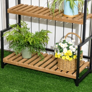 Suport de flori cu 3 niveluri cu carlige din lemn de brad si metal pentru interior si exterior, 80x36x174 cm, culoare negru si lemn - Img 8
