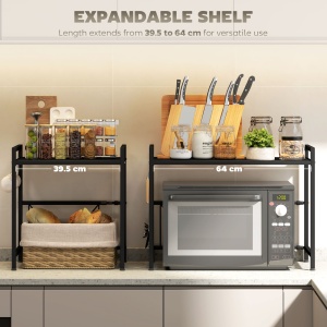 Suport extensibil pentru cuptor cu microunde pe 2 niveluri cu 3 cârlige, din metal, negru - Img 5