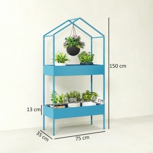 Suport Ghivece pe 2 Niveluri din Metal în Formă de Casă, Raft pentru Plante cu Cârlig pentru Interior și Exterior, 75x35x150 cm, Verde Albastru - Img 3