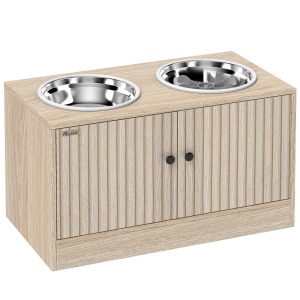 Suport pentru boluri pentru câini cu 2 boluri de 2L și dulap inferior, din lemn, 60x30x35,5 cm, stejar - Img 1
