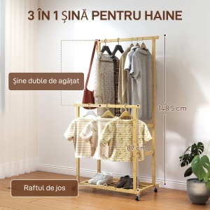 Suport pentru haine cu 2 bare, raft inferior și 4 roți din bambus, 80x40x160 cm, lemn natural - Img 4
