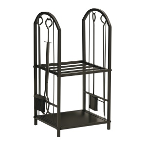 Suport pentru Lemne cu 2 Rafturi, Lopată, Mătură și Clește, 41,5x32,5x74,5 cm, Negru