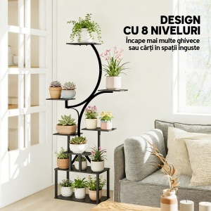 Suport pentru Plante cu 8 Rafturi în Formă de S, Suport Ghivece Metalic pentru Interior și Exterior, pentru Grădină, Balcon, Terasă, Cameră de Zi, 74x26x158,5 cm, Negru - Img 4