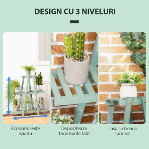 Suport pentru plante din lemn de brad cu 3 niveluri pentru interior si exterior, 76x26x76cm, verde deschis - Img 6